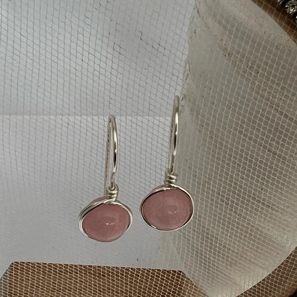 Rose Quartz Wire Wrapped Minimalist Earrings in Pink & Silver - Picture 3 of 13
